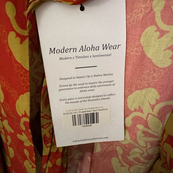 New Lexbreezy red gold kimono midi cover up Puakenikeni quilt flower size XL - Picture 7 of 10